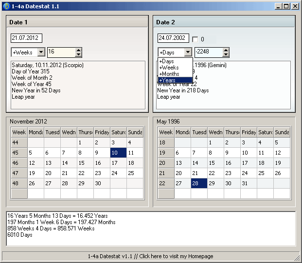 Freeware Date difference (=age) calculator. Shows difference between 2